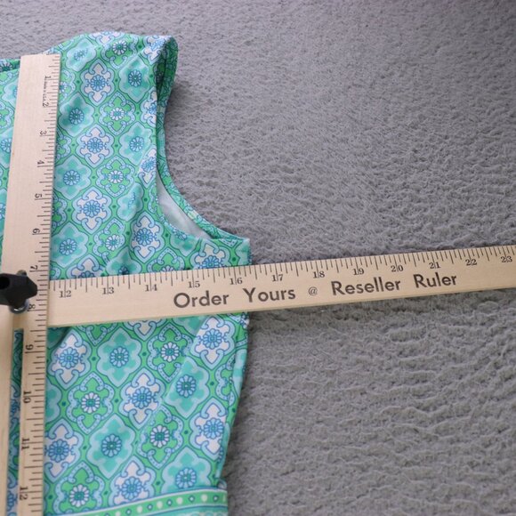Talbots Shift Dress Womens Small Green Blue Floral Geometric Split Neck Preppy - Picture 8 of 9
